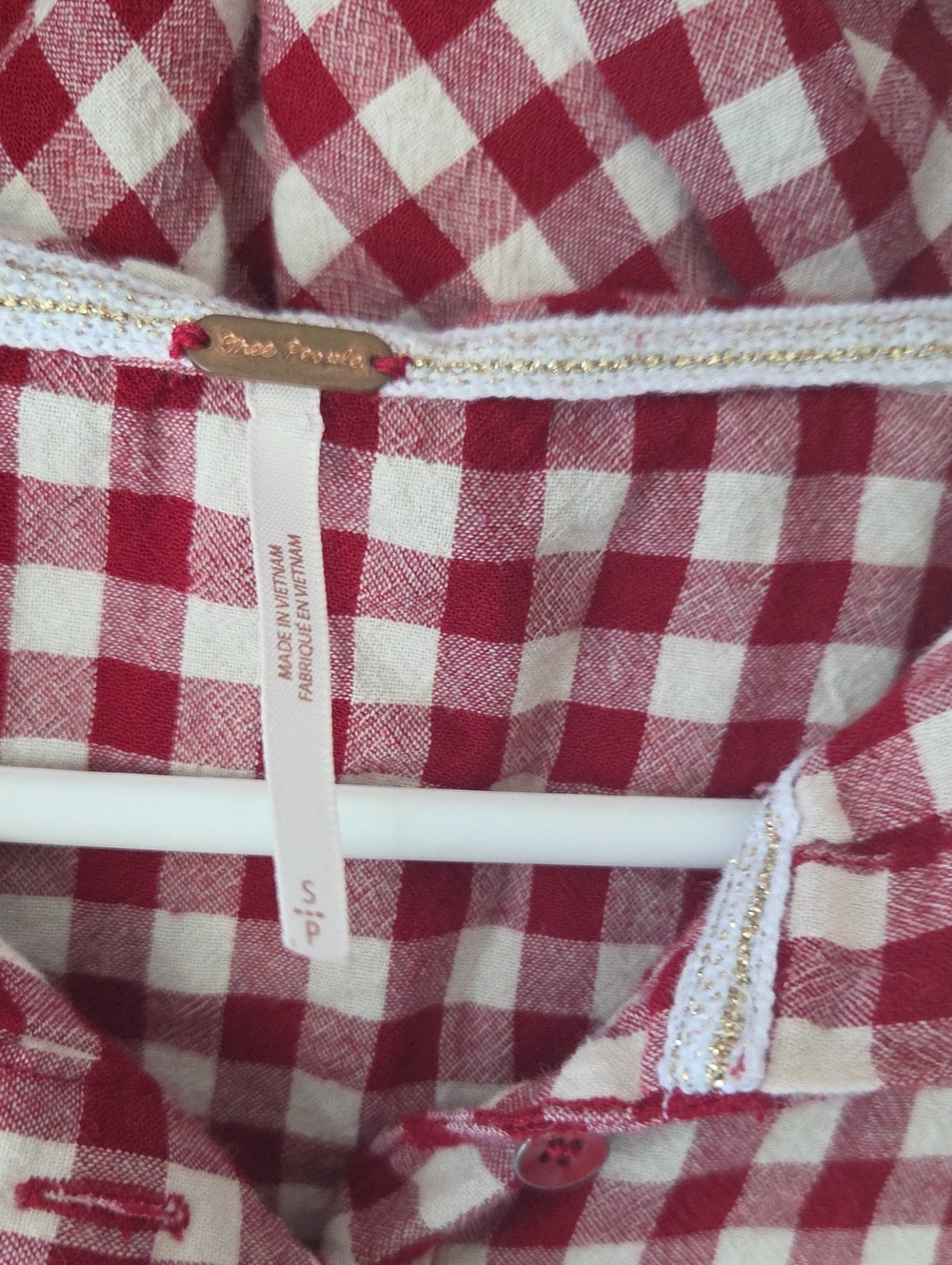 Free People Red Gingham Button Hoodie Top - Picture 3 of 5